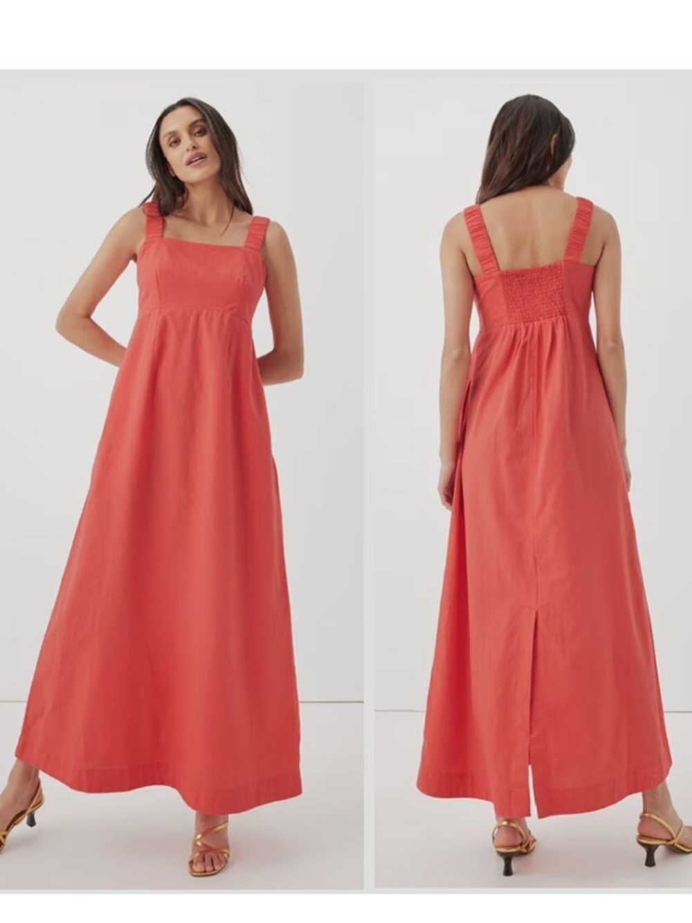 Pact Maxi Dress L Coral Cotton Linen Sleeveless Canopy Pocket Smocked NWT